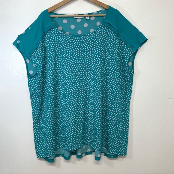 Susan Graver Liquid Knit Top 3X Green Polka Dot Cap Sleeve Hi Low Stretch Casual - Picture 1 of 11